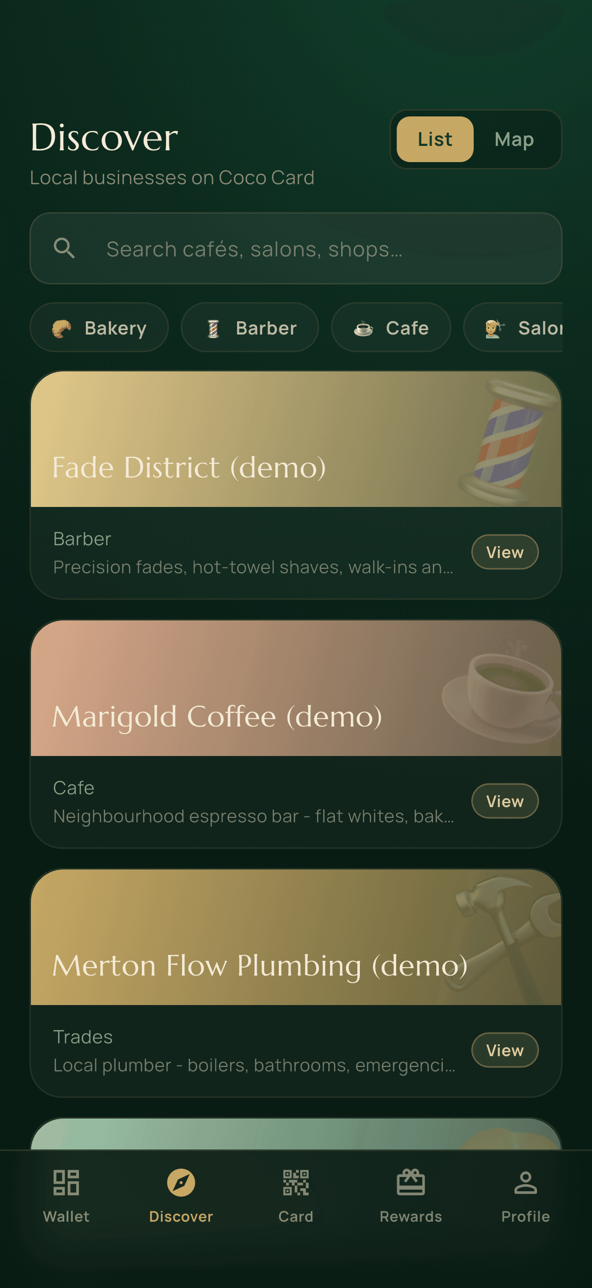 Discover in Coco Regulars native app, listing local businesses each marked as a demo listing