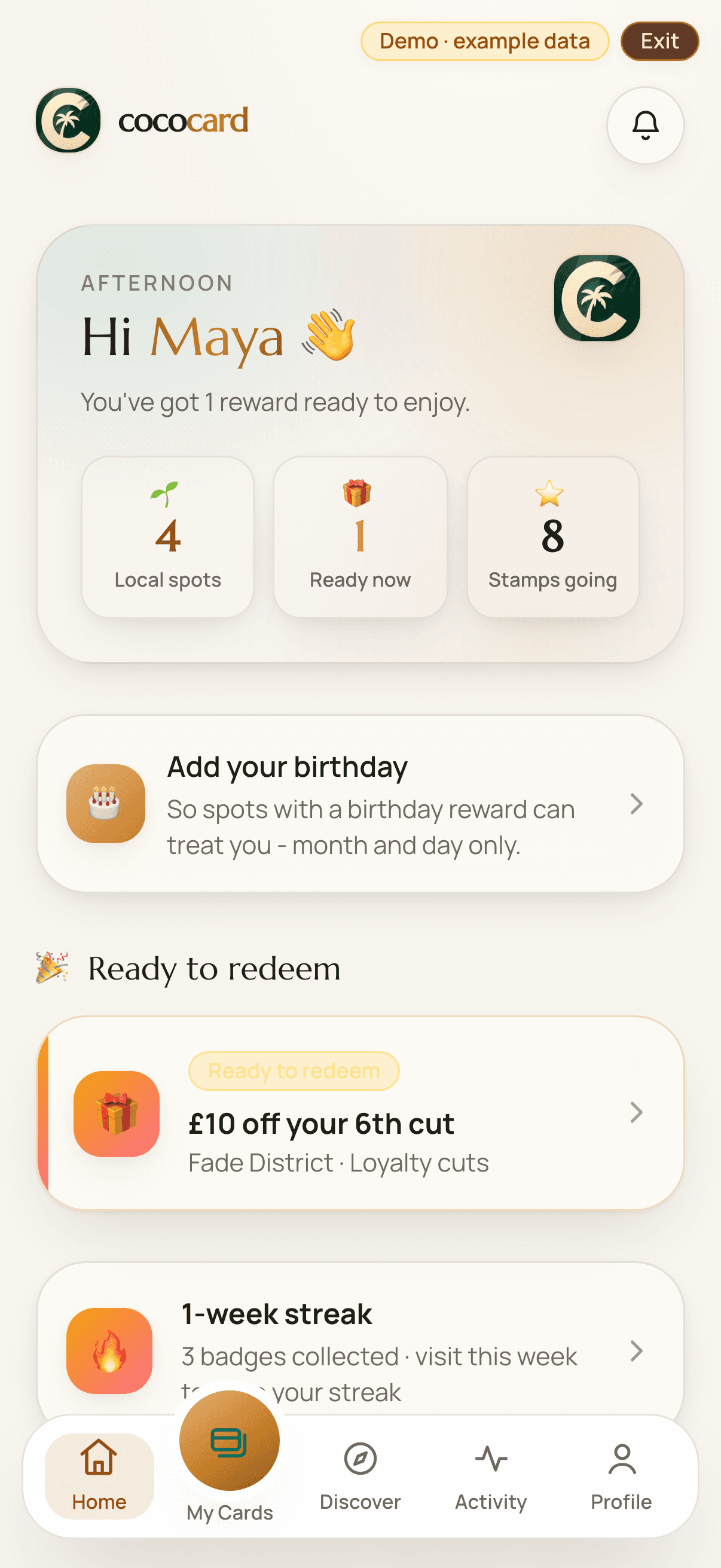 Coco Regulars home screen, listing every local shop's card a customer has collected